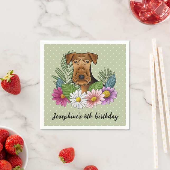 Airedale Terrier With Colourful Flowers Birthday Napkin (Insitu)