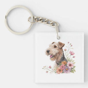 Airedale Terrier With Flowers Key Ring