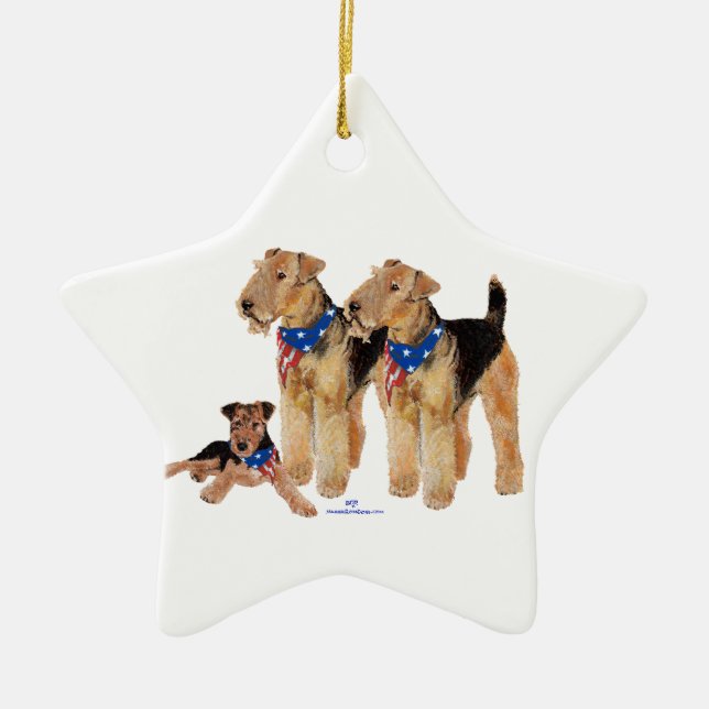 Airedale Terriers American Flag Ceramic Tree Decoration (Front)