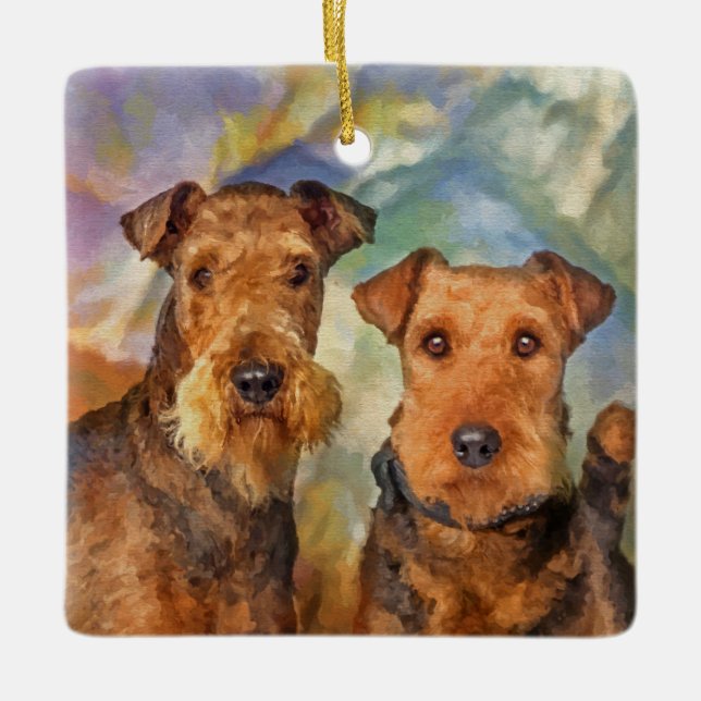 Airedale Terriers Portrait Mixed Media Ceramic Ornament (Front)