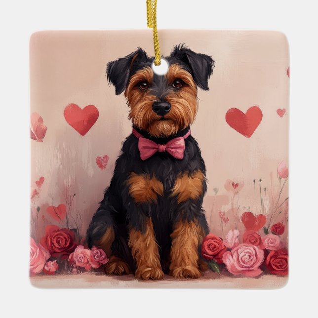 Airedale with Roses - Valentine's Day Ceramic Ornament (Front)