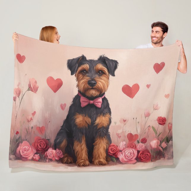 Airedale with Roses - Valentine's Day Fleece Blanket (In Situ)