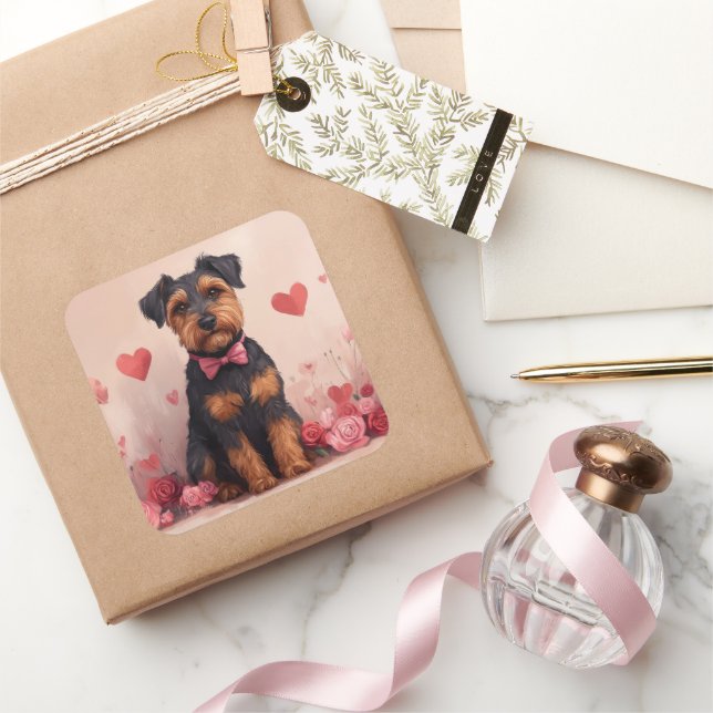 Airedale with Roses - Valentine's Day Square Sticker (Gifting)