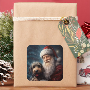 Airedale with Santa Claus Festive Christmas Square Sticker