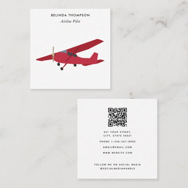 Airline Pilot Aeroplane QR Code Social Media Square Business Card (Front/Back)