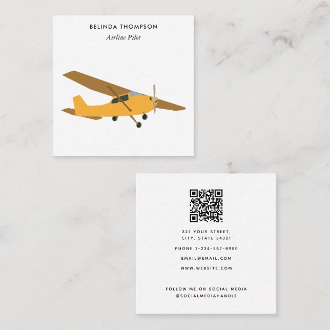 Airline Pilot Aeroplane QR Code Social Media Square Business Card (Front/Back)