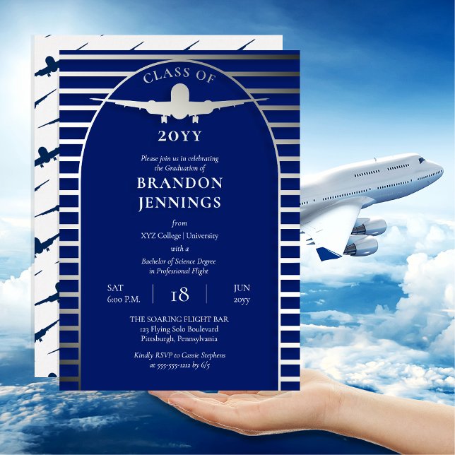 Airline Pilot Flight School College Graduation (Airline Pilot Flight School College Graduation Announcement Invitation - Blue, White and Silver Foil)