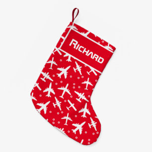 Airline Pilot Red and White Aeroplane Patterned Small Christmas Stocking