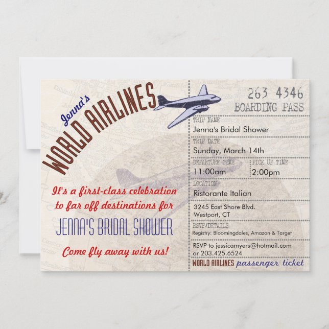 Airline Ticket DestinationBridal Shower Invitation (Front)