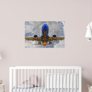 Airliner on final approach with very cloudy skies poster