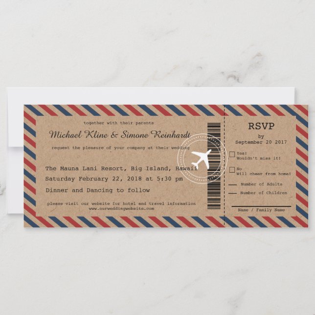 Airmail Boarding Pass Wedding Invitation and RSVP (Front)