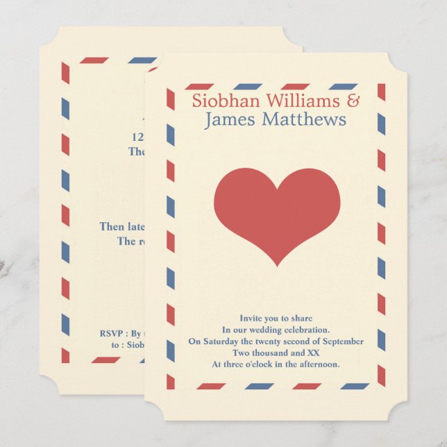 Airmail Border Love Heart Wedding Invitation (Front/Back)