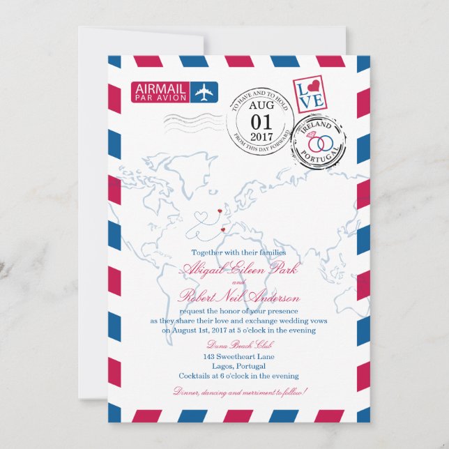 Airmail Heart Ireland and Portugal Wedding Invitation (Front)