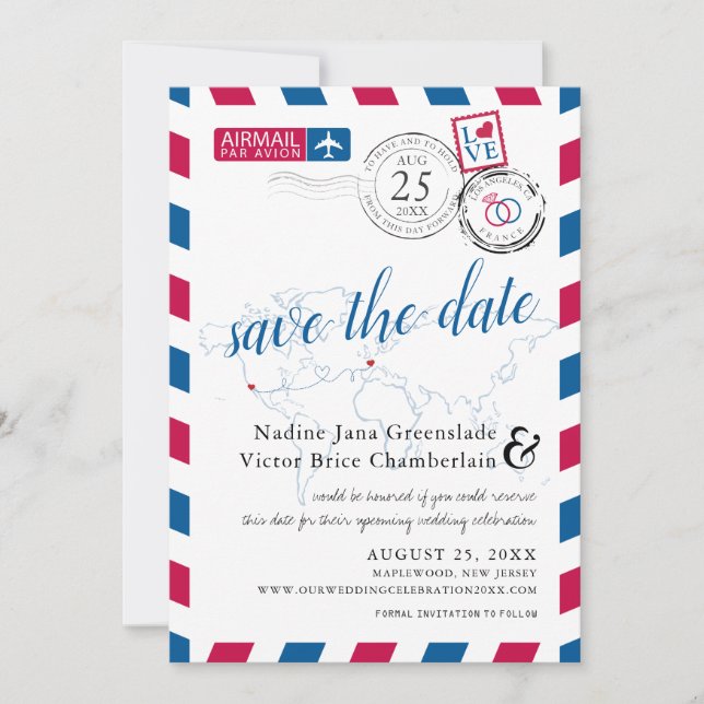 Airmail Heart Los Angeles and France Save the Date (Front)