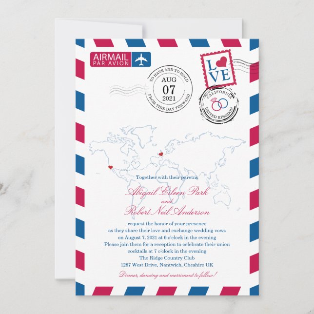 Airmail Heart UK and California USA Wedding Invitation (Front)