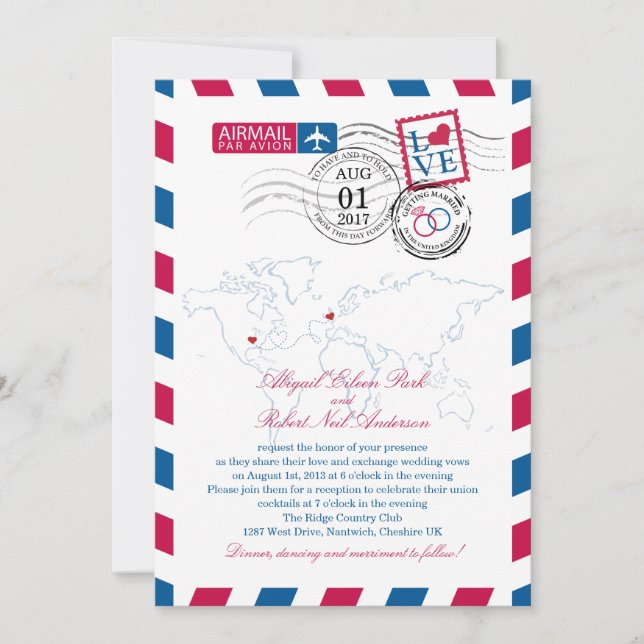 Airmail Heart UK and Missouri USA Wedding Invitation (Front)