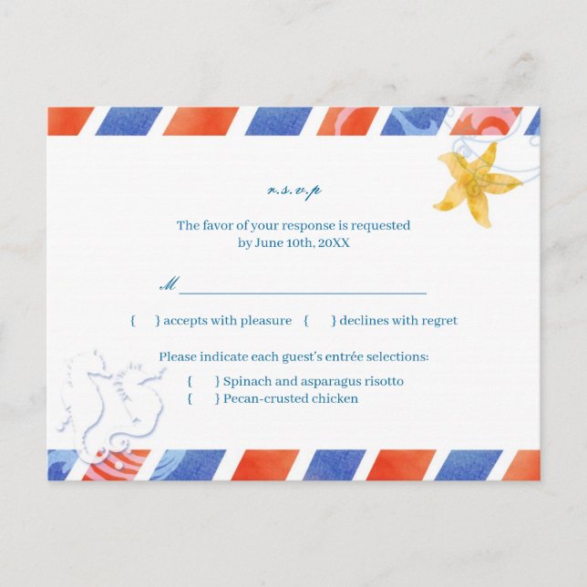 Airmail SeaHorse Beach Wedding Menu Choice RSVP (Front)