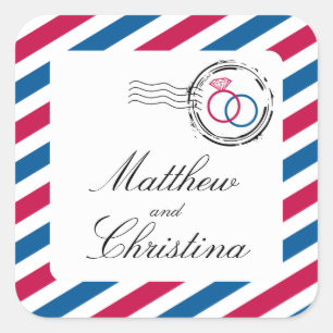 Airmail Stamp and Wedding Rings Square Sticker