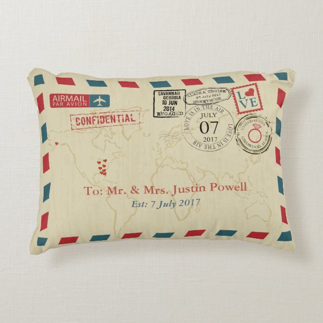 Airmail Wedding Travel Theme Decorative Cushion (Front)