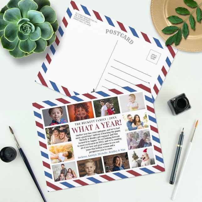 Airmail What A Year In Review 12 Photo Collage Holiday Postcard (Creator Uploaded)