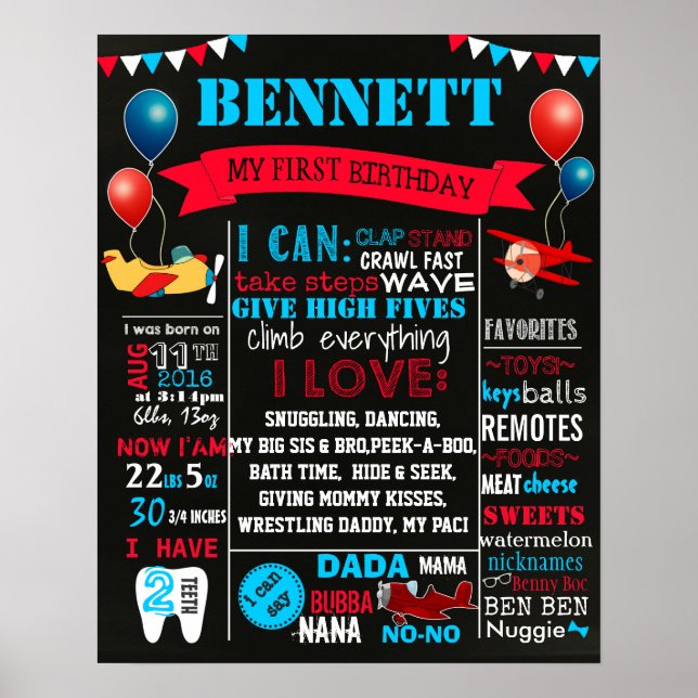 Airplains First Birthday chalkboard sign,16x20 Poster (Front)
