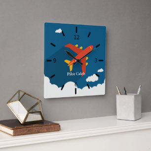 Airplane Above Clouds Personalized Gift for Boys Square Wall Clock