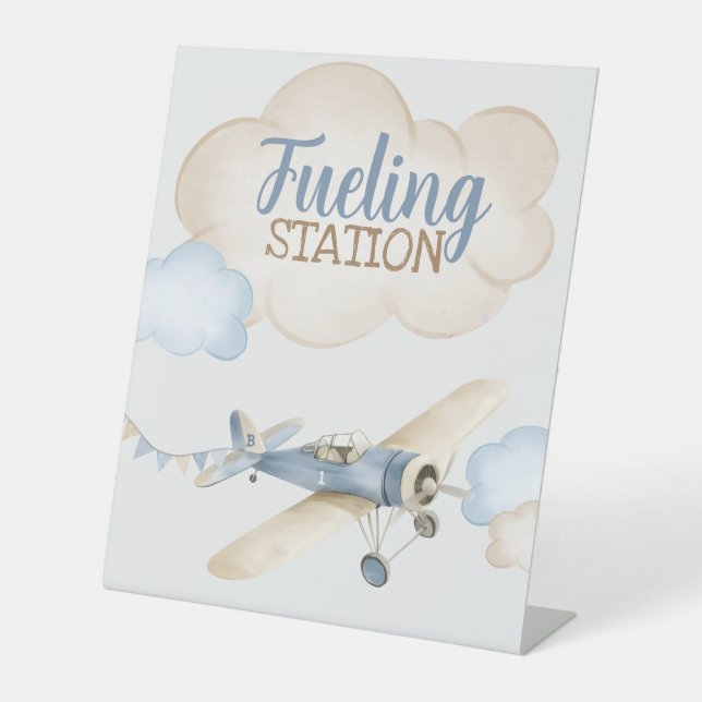 Airplane Aviator Pilot 1st Birthday Drinks Fueling Pedestal Sign (Front)