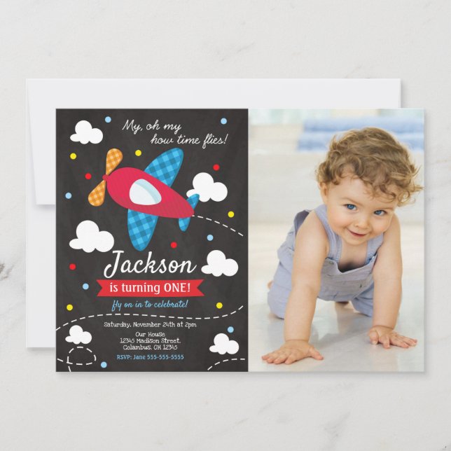 Airplane Birthday Photo Invitation | Time Files (Front)