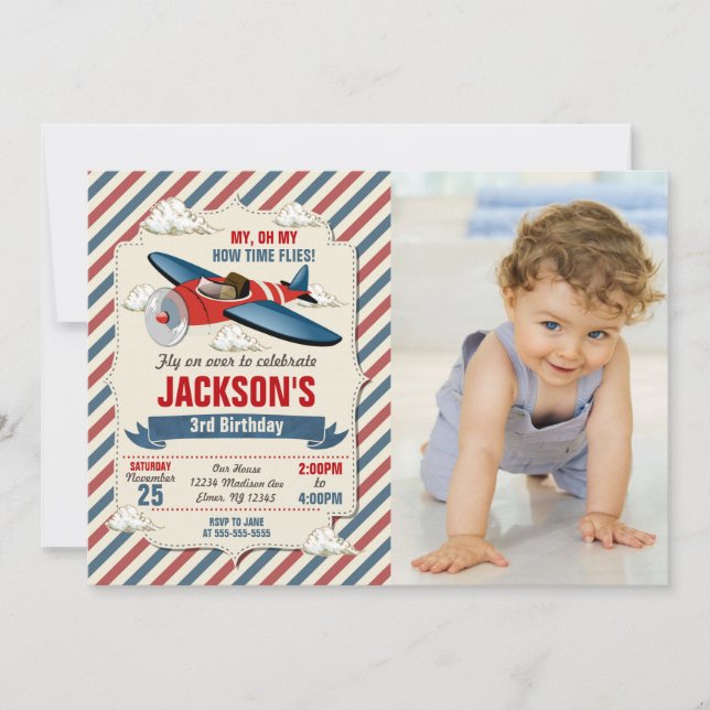 Airplane Birthday Photo Invitation | Time Flies (Front)