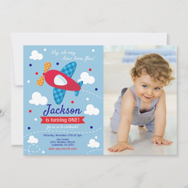 Airplane Birthday Photo Invitation / Time Flies (Front)