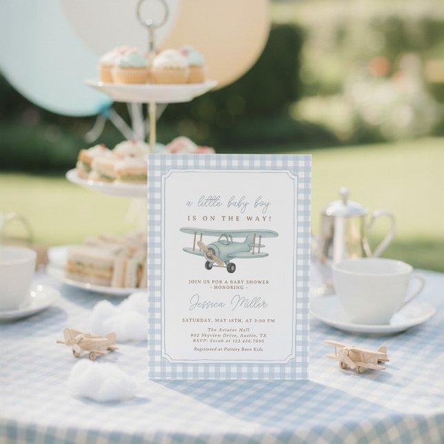 Airplane Blue Gingham Baby Shower Invitation (Creator Uploaded)