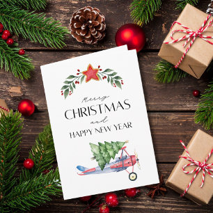 Airplane carries Christmas Tree Family Photo Funny Card