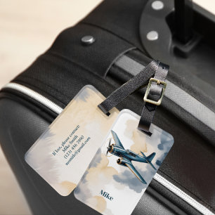 Airplane Clouds Blue and Gold Watercolor Elegant Luggage Tag
