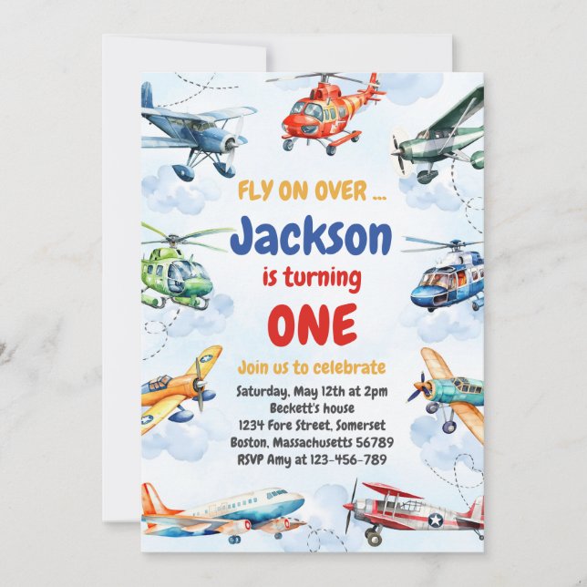 Airplane Fly On Over Boy Birthday Invitation (Front)