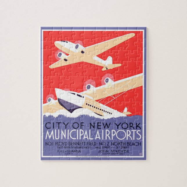 Airplane Flying Vintage WPA Colorful Jigsaw Puzzle (Vertical)