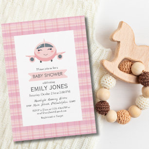 Airplane Girl Cute Baby Shower Pink and Grey Invitation