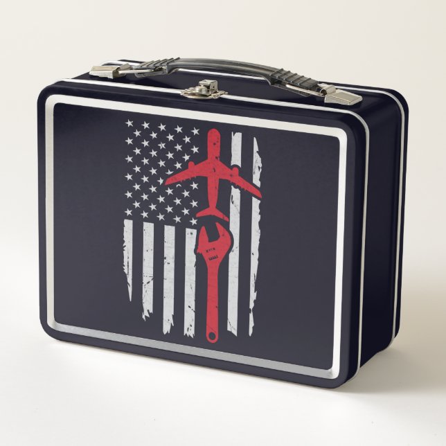 Airplane Mechanic Apparel Aircraft American Flag Metal Lunch Box (Front)