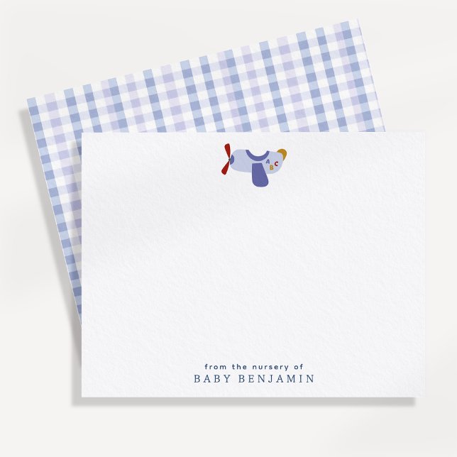Airplane Nursery Note Card with Blue Gingham Back (Creator Uploaded)
