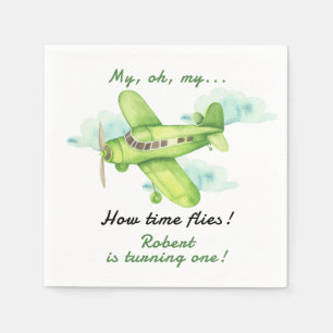 Airplane Oh My Time Flies Travel First Birthday  Napkin