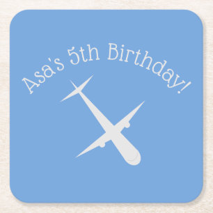 Airplane on Blue Personalized Square Paper Coaster