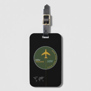 airplane on greenish luggage tag with name
