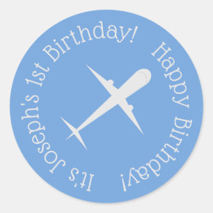 Airplane on Sky Blue Personalized Birthday Classic Round Sticker