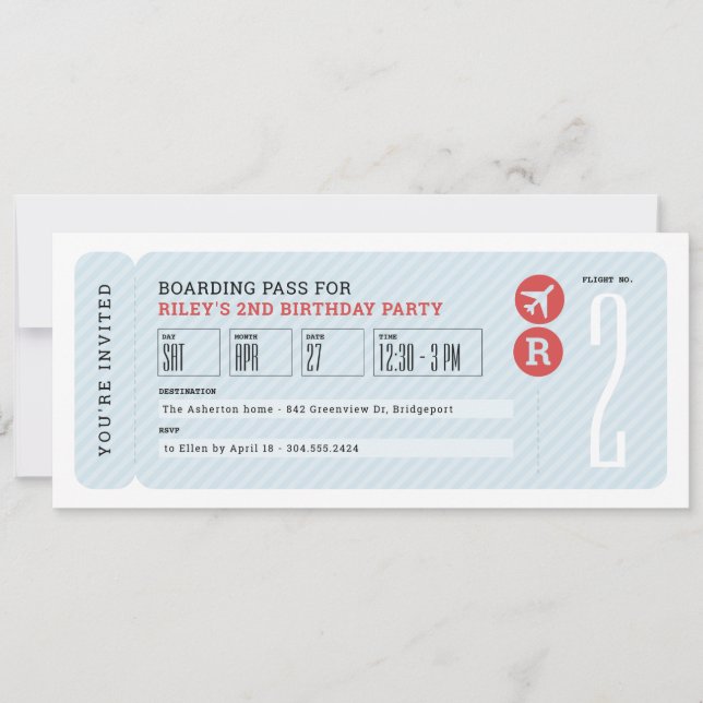 Airplane ticket boarding pass kids birthday party invitation (Front)