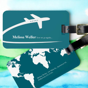 Airplane Trail, World Map, Blue Luggage Tag