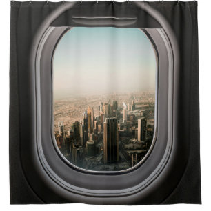 AIRPLANE WINDOW VIEW OF CITY DURING DAYTIME SHOWER CURTAIN