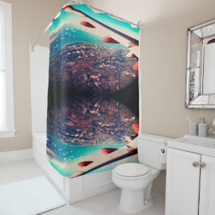 Airplane wing and fields undeneath shower curtain