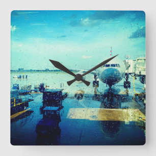 Airport in Rain Square Wall Clock