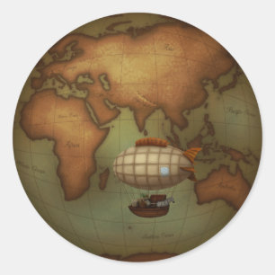 Airship Flying Over Eastern Hemisphere Map Classic Round Sticker