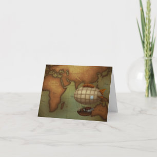 Airship Flying Over Eastern Hemisphere Map Note Card