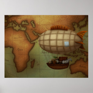 Airship on Expedition Over Eastern Hemisphere Map Poster